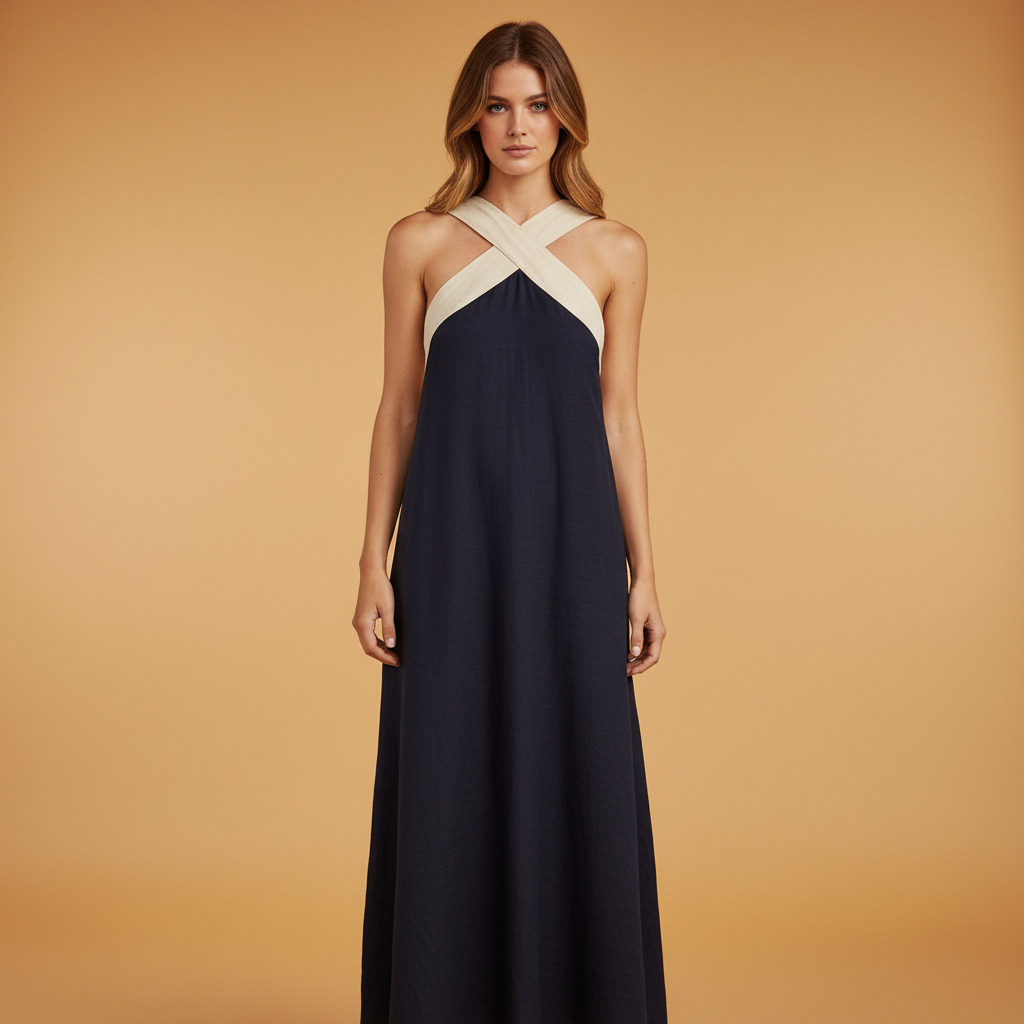 Crossover halter neck maxi dress for women | Eloise