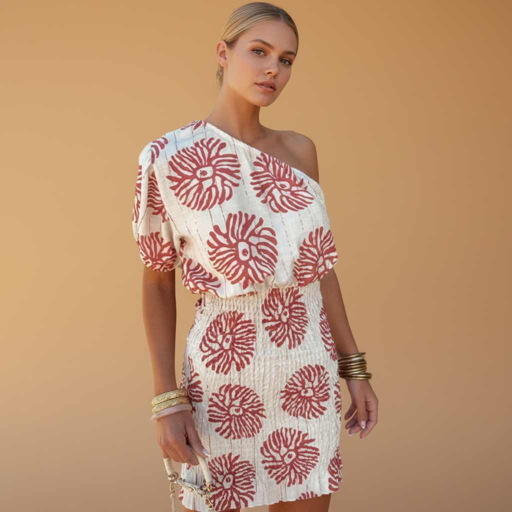 Elegant one-shoulder printed mini dress for women | Julia 1