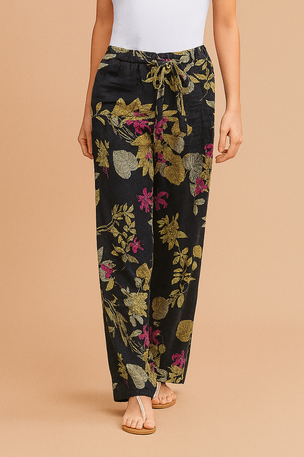 Flora | Women's Loose-Cut Floral Trousers with Adjustable Waist Tie 1