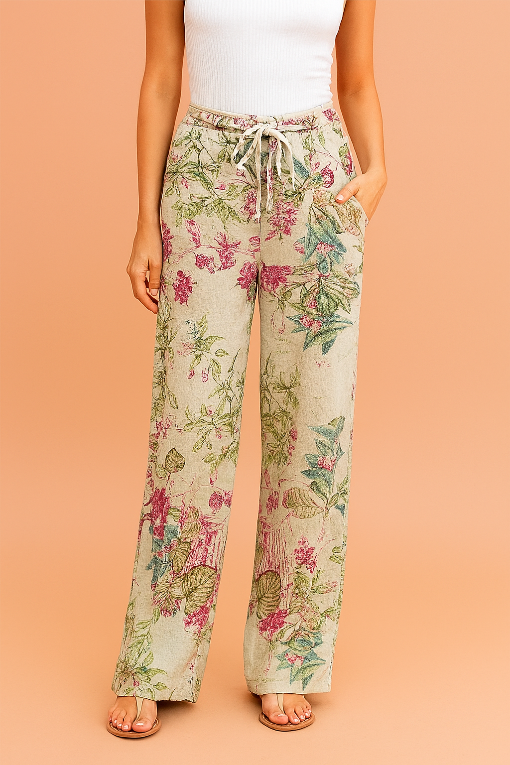 Flora | Women's Loose-Cut Floral Trousers with Adjustable Waist Tie 2