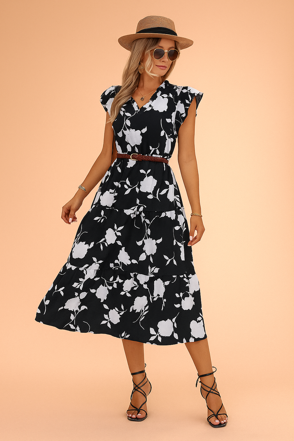 Floral Midi Dress for Women | Lightweight Summer Dress with V-Neck and Detachable Belt 0