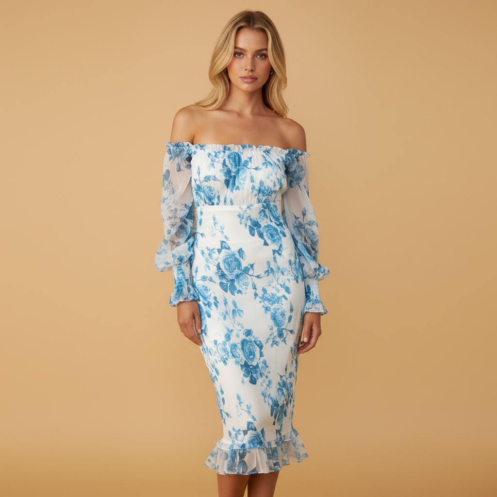 Floral Rosette Off Shoulder Midi Dress for Women | Sophie 0