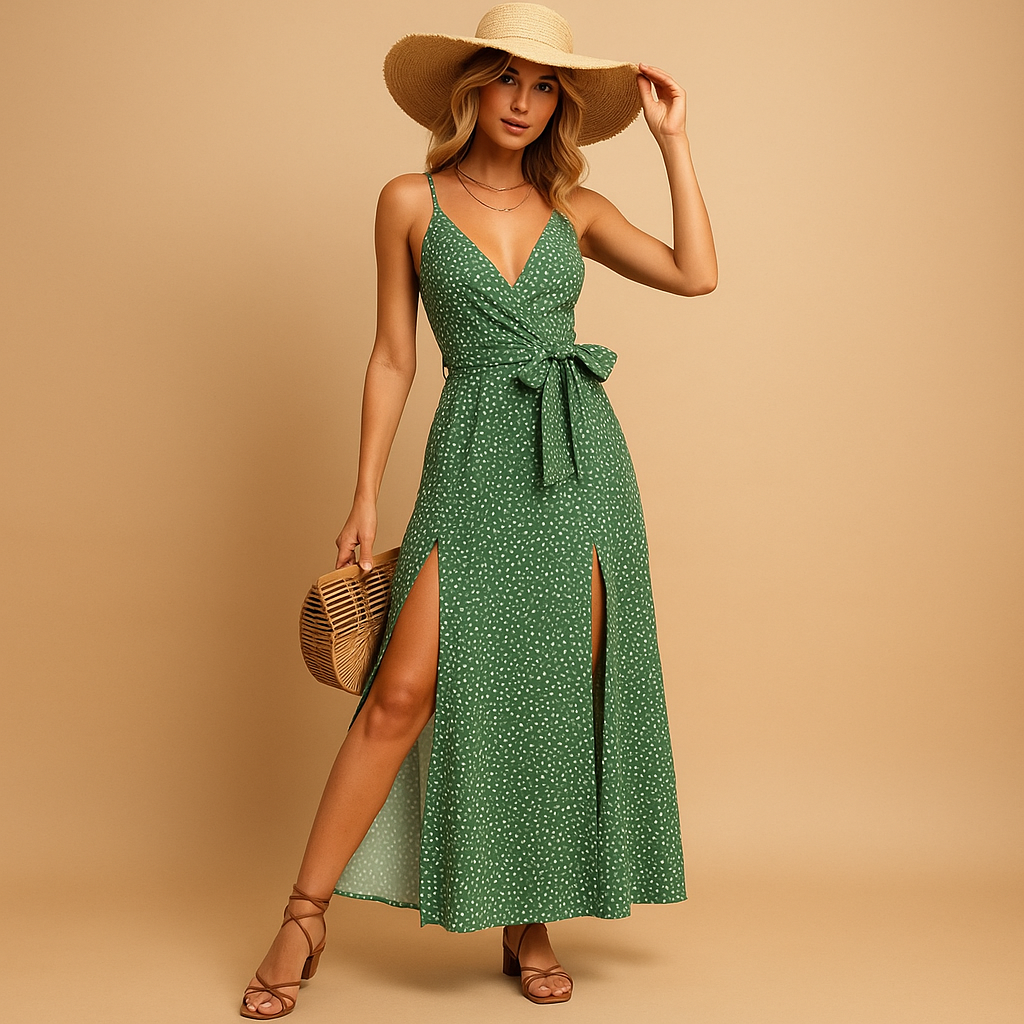 Floral beach dress with V-neck for women | Liana 0