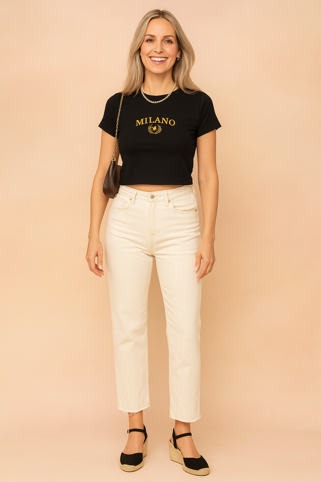 Maja | Trendy College-Style Cropped T-Shirt for Women with Gold Slogan and Fitted Cut 0