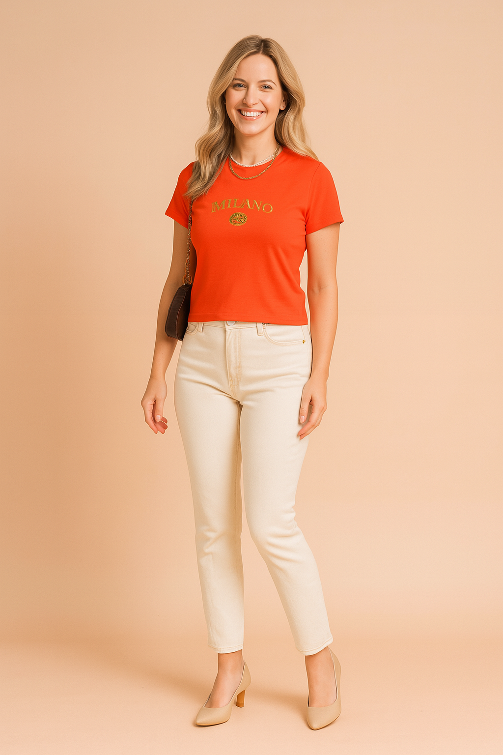 Maja | Trendy College-Style Cropped T-Shirt for Women with Gold Slogan and Fitted Cut 1