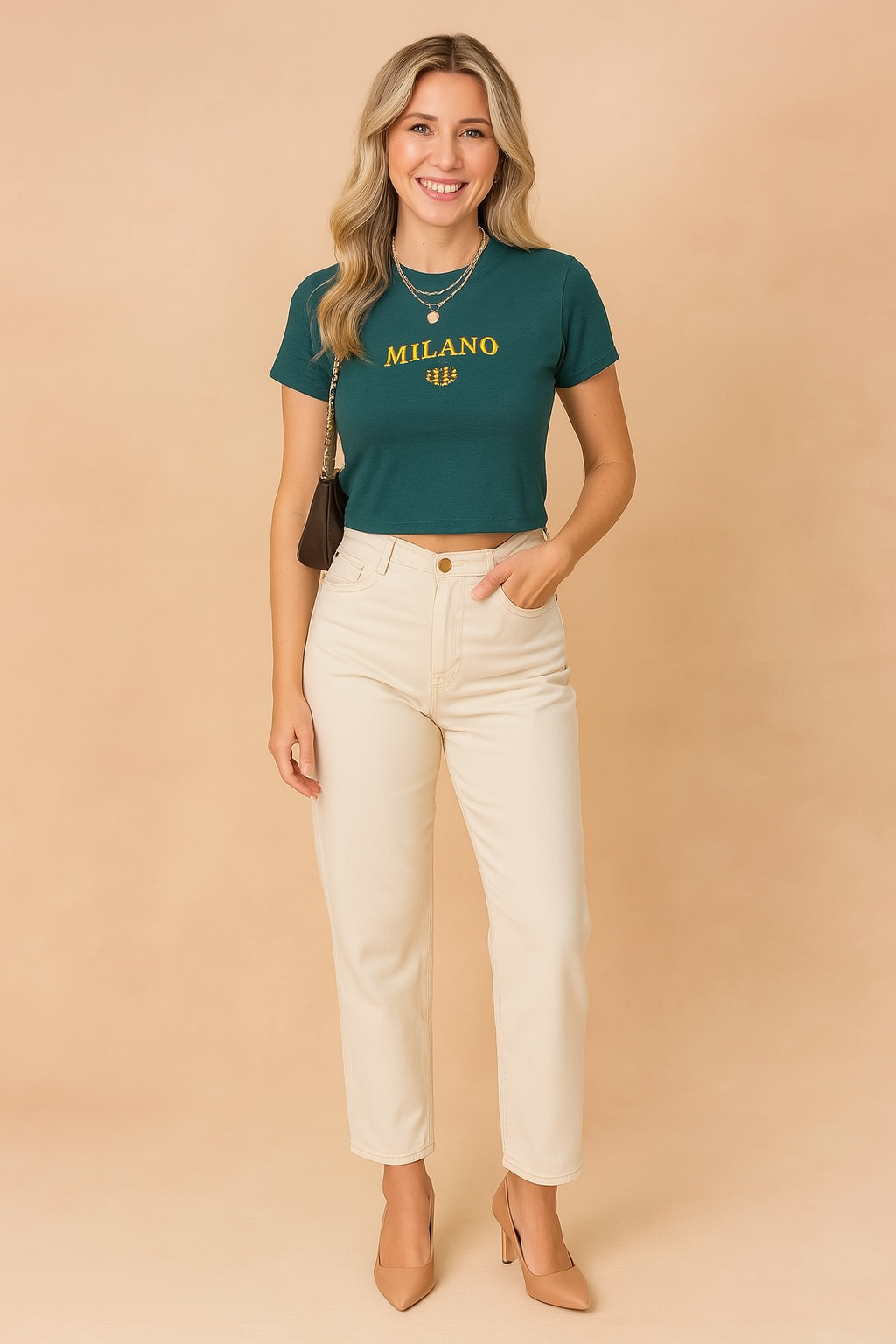 Maja | Trendy College-Style Cropped T-Shirt for Women with Gold Slogan and Fitted Cut 3