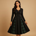 Plaid A-line midi dress with long sleeves for women | Isabelle 0