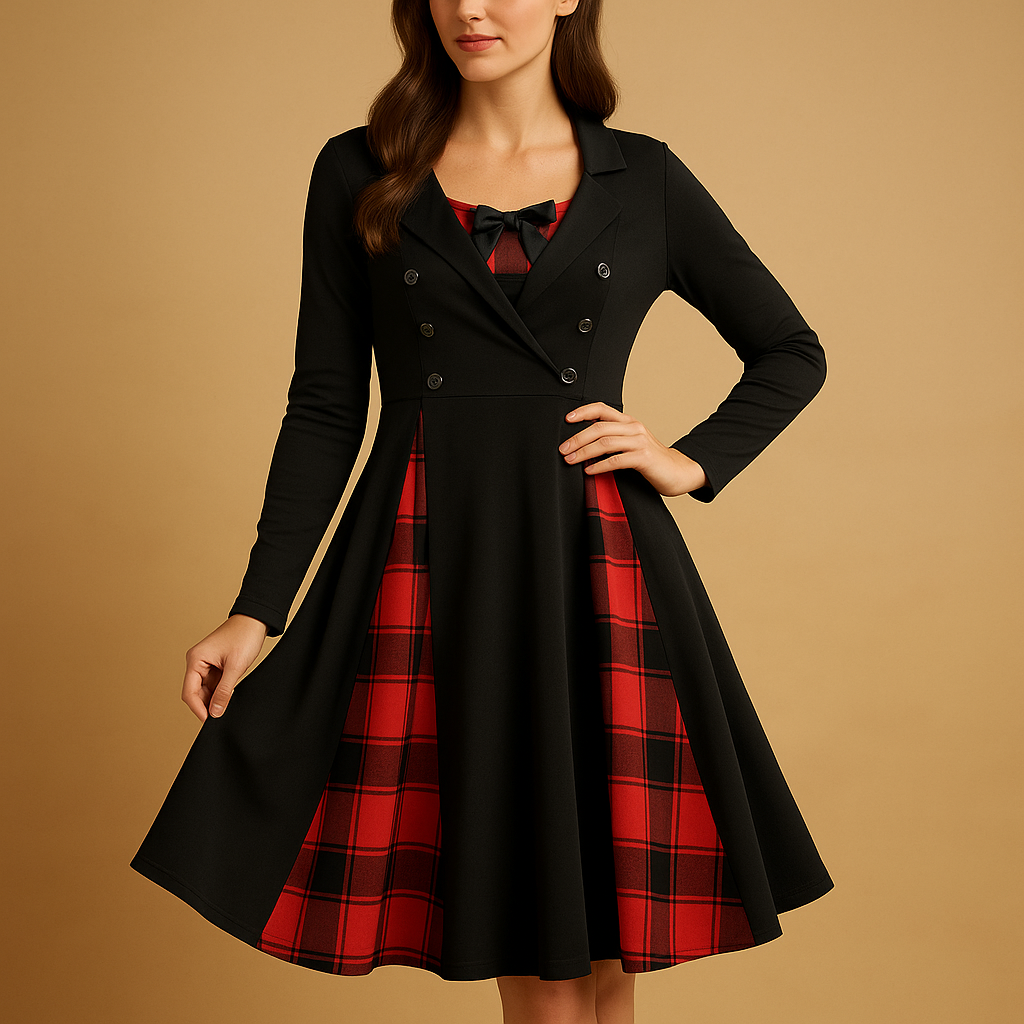 Plaid A-line midi dress with long sleeves for women | Isabelle 1