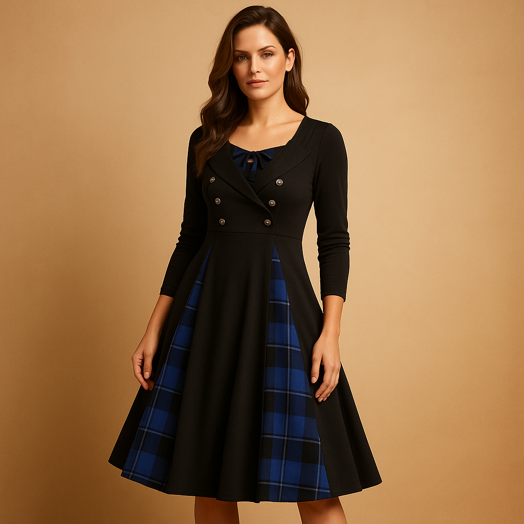 Plaid A-line midi dress with long sleeves for women | Isabelle 2