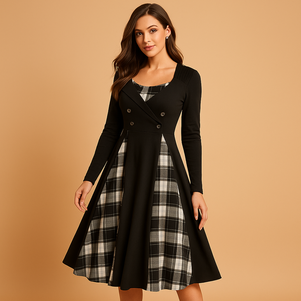Plaid A-line midi dress with long sleeves for women | Isabelle 3
