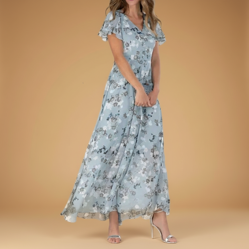Pleated midi dress with puff sleeves for women | Mayra 1