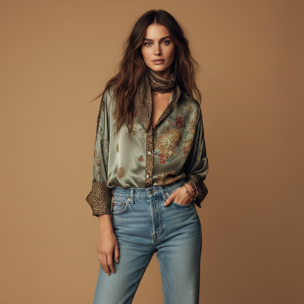 Satin floral button down shirt with leopard trim for women | Selena 0