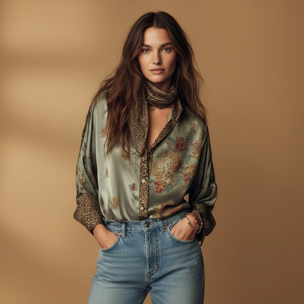 Satin floral button down shirt with leopard trim for women | Selena 1