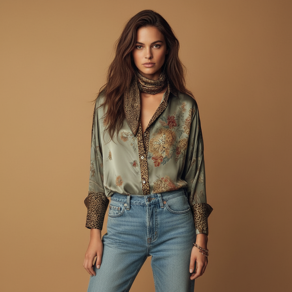 Satin floral button down shirt with leopard trim for women | Selena 2