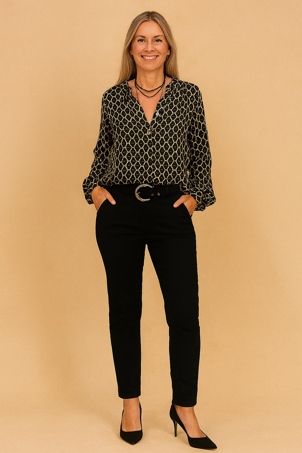 Verona | Elegant Long Sleeve Womens Blouse with Deep Neckline and Modern Print 0