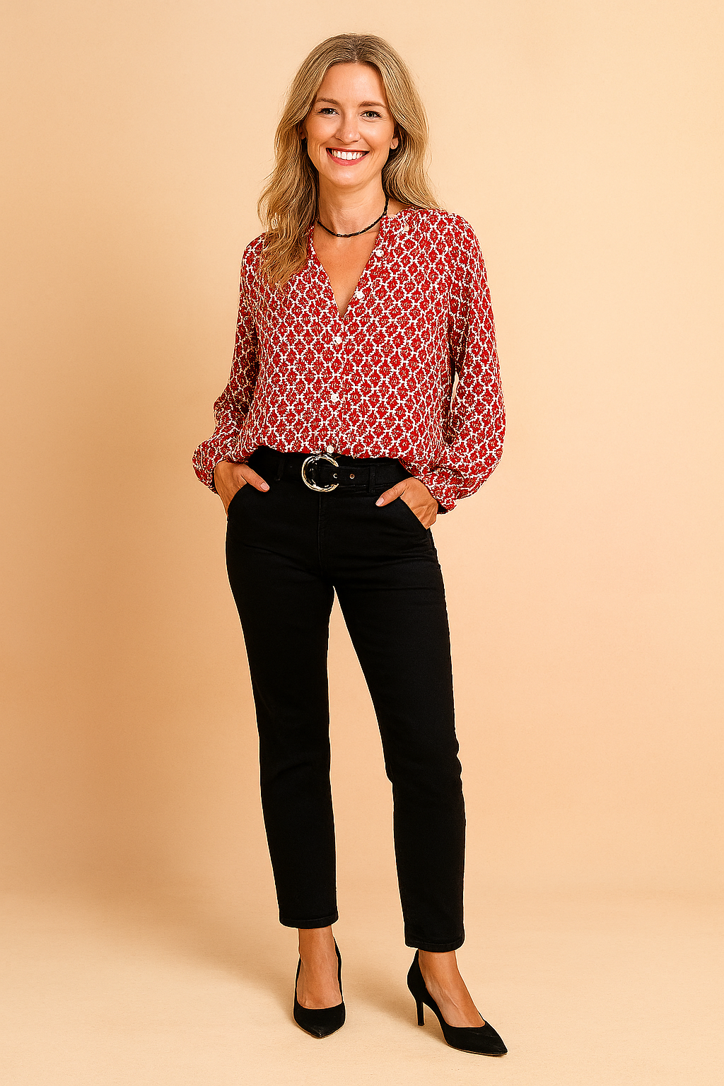 Verona | Elegant Long Sleeve Womens Blouse with Deep Neckline and Modern Print 1
